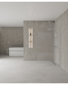 Paroi de douche à l'italienne chromé Nisa en verre cannelé associée à une colonne de douche chromée et un caniveau de douche chromé