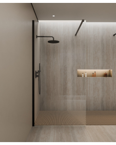 Paroi de douche fixe réversible longueur de 70 à 120 cm avec profilé et barre de renfort noirs Lixa