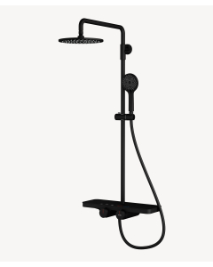 Colonne de douche noire de type mitigeur avec pommeau de douche et douchette de forme ronde, équipée d'une tablette 