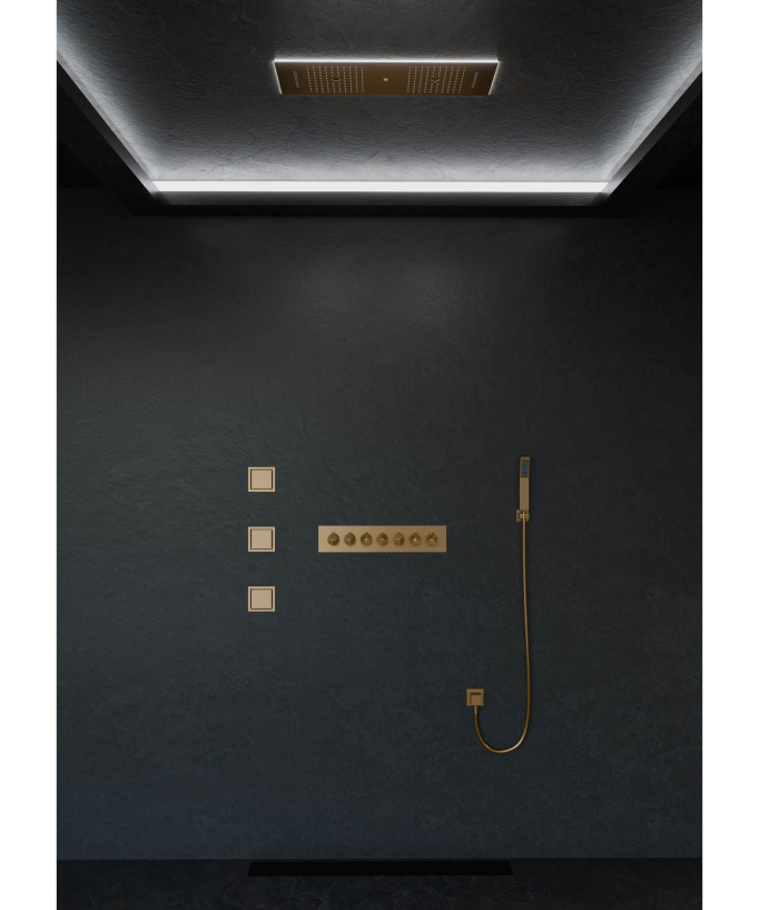 Modernes Duschsystem Thermostat Roségold gebürstet – LED Regendusche 900x300 mm, 3 Körperdüsen