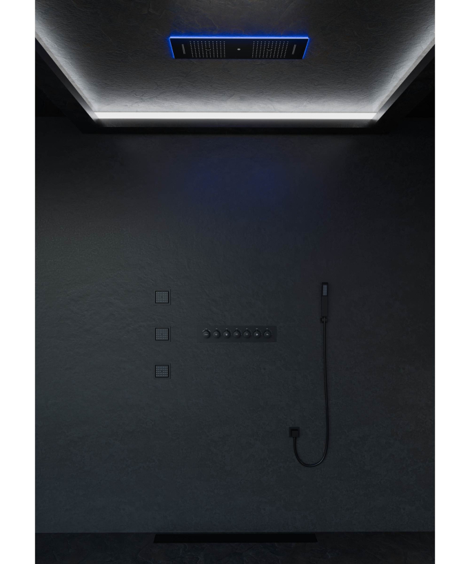 Moderne Thermostat-Duschsystem Schwarz – LED-Regenhimmel 900 x 300 mm, 3 Körperdüsen