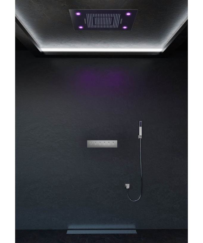 Thermostatische Duschlösung mit LED-Regendusche und Chromotherapie – 80x60 cm
