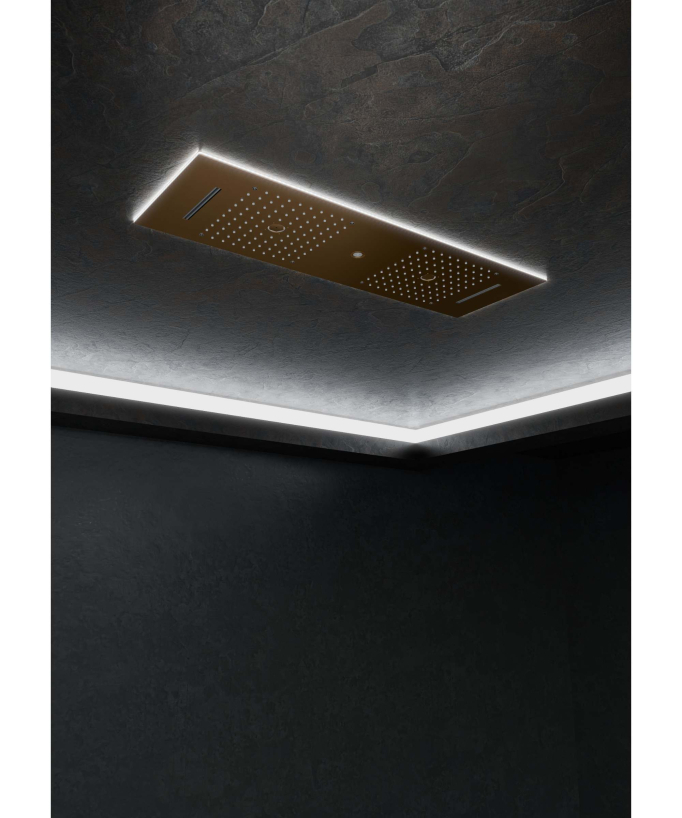 Modernes Duschsystem Thermostat Roségold gebürstet – LED Regendusche 900x300 mm, 3 Körperdüsen