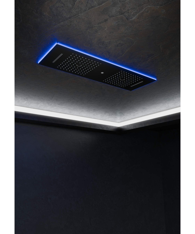 Moderne Thermostat-Duschsystem Schwarz – LED-Regenhimmel 900 x 300 mm, 3 Körperdüsen