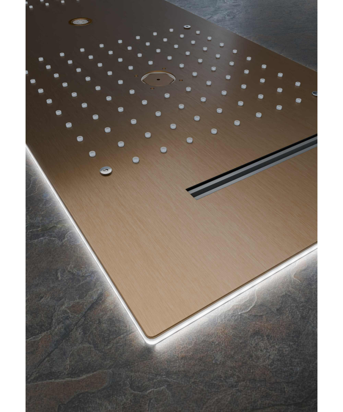 Modernes Duschsystem Thermostat Roségold gebürstet – LED Regendusche 900x300 mm, 3 Körperdüsen