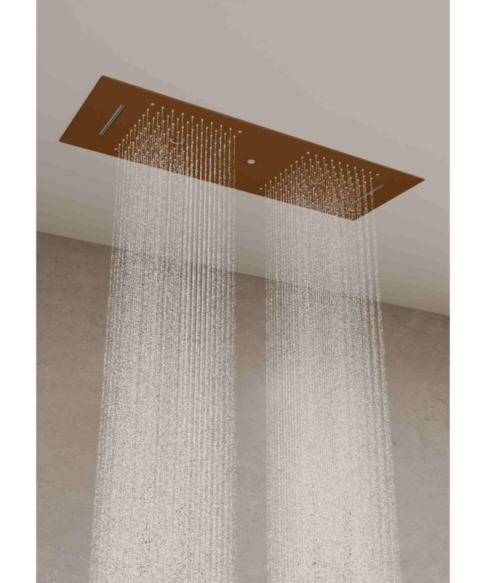 Modernes Duschsystem Thermostat Roségold gebürstet – LED Regendusche 900x300 mm, 3 Körperdüsen