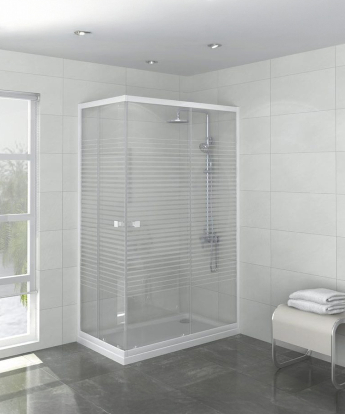 Paroi de douche accès angle, verre sérigraphié blanc