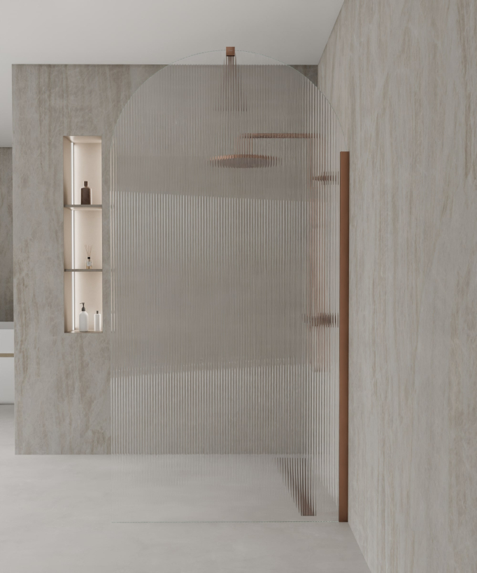 Nisa – Duschwand Walk-in geriffeltes, abgerundetes Glas mit gebürstetem Roségold-Profil