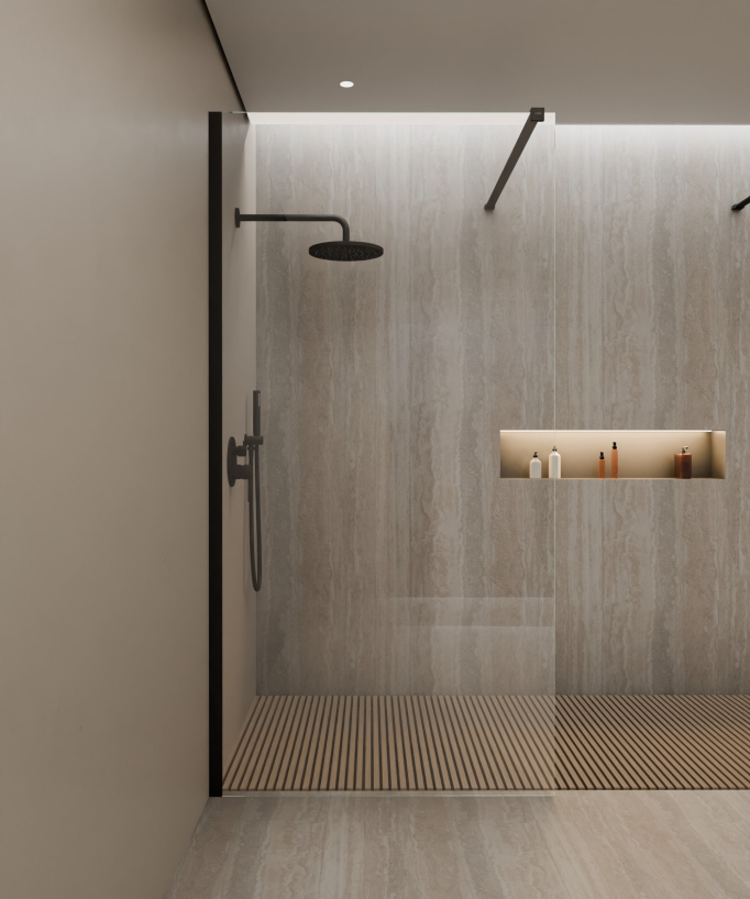Paroi de douche fixe réversible longueur de 70 à 120 cm avec profilé et barre de renfort noirs Lixa