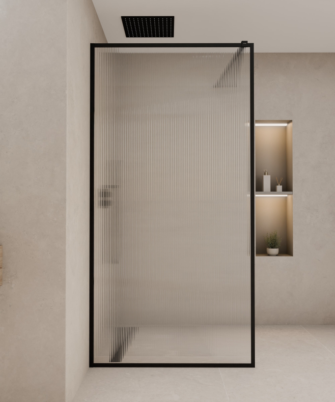 Sintra – Duschwand Fix, geriffeltes Glas, schwarzer Rahmen