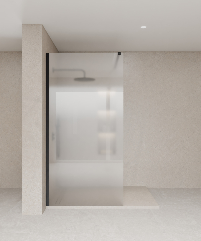 Paroi de douche fixe collection Tavira en verre trempé givré et profilé noir posée sur un receveur de douche extra plat beige