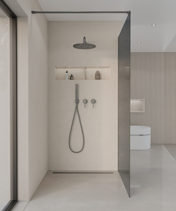 Seia – Feste Duschwand Rauchglas mit Profil gunmetal