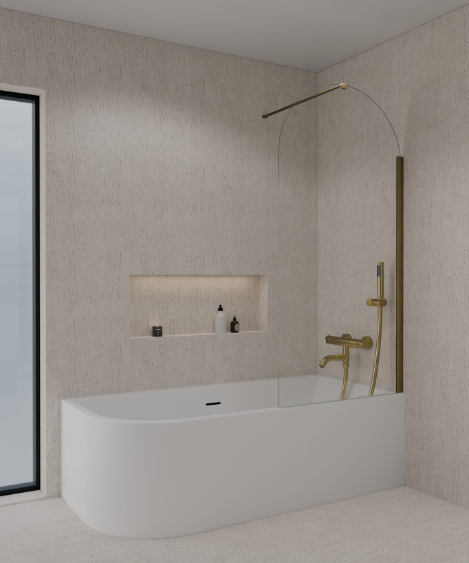Feste Badewannenabtrennung 140 x 70 cm, gebürstetes Goldprofil - Leira