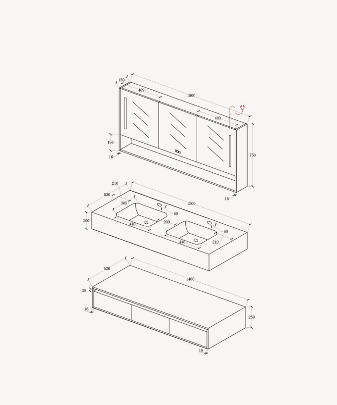 Doppelwaschtisch-Set mit Spiegel Grau – Madras – 150 cm
