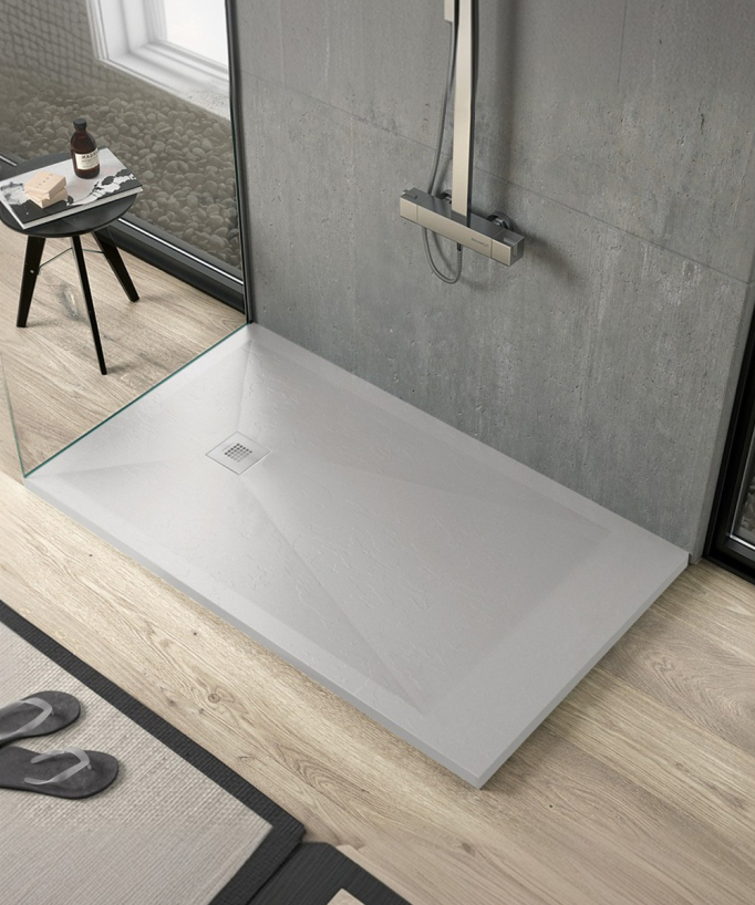 Duschwanne grau 7035, Schieferstruktur Stone Plus, farblich passendes Ablaufgitter