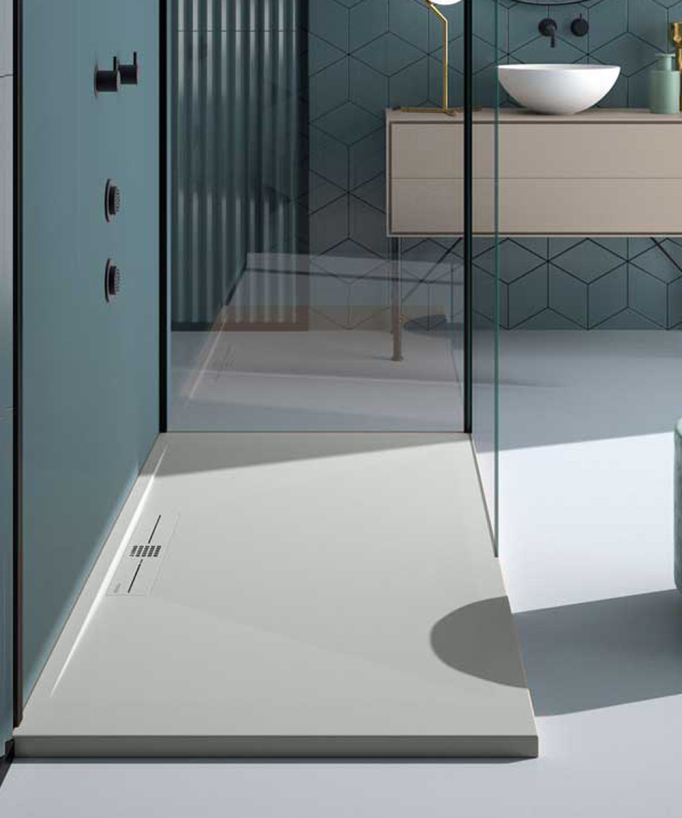 Duschwanne Grau 7035, Glatt-Finish Stone SIDE, farblich passender Ablaufrost