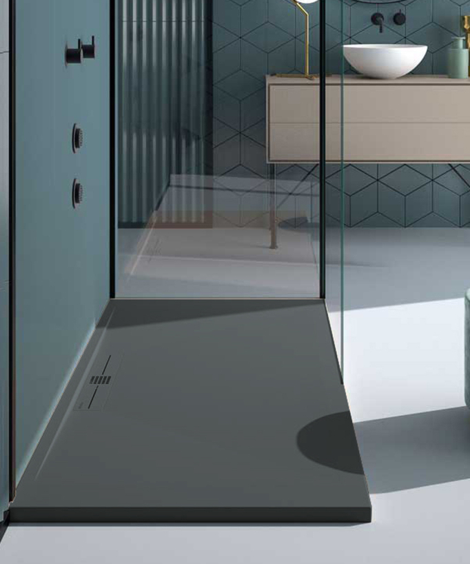 Duschwanne Anthrazit, Glatt-Finish Stone SIDE, farblich passender Ablaufrost