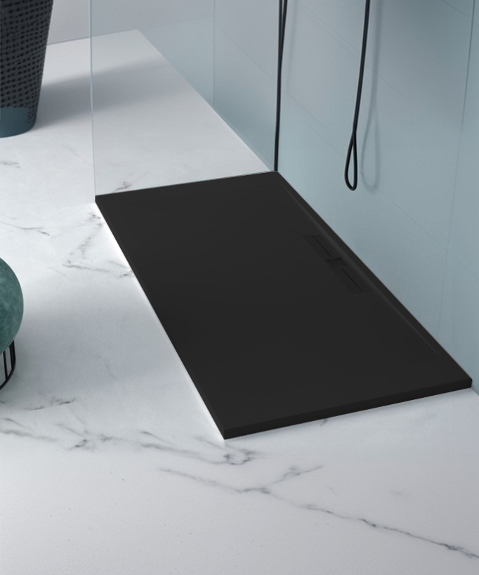 Duschwanne Schwarz, Glatt-Finish Stone SIDE, farblich passender Ablaufrost