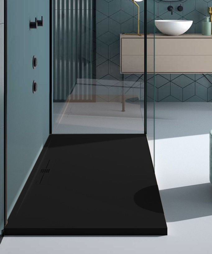 Duschwanne Schwarz, Glatt-Finish Stone SIDE, farblich passender Ablaufrost