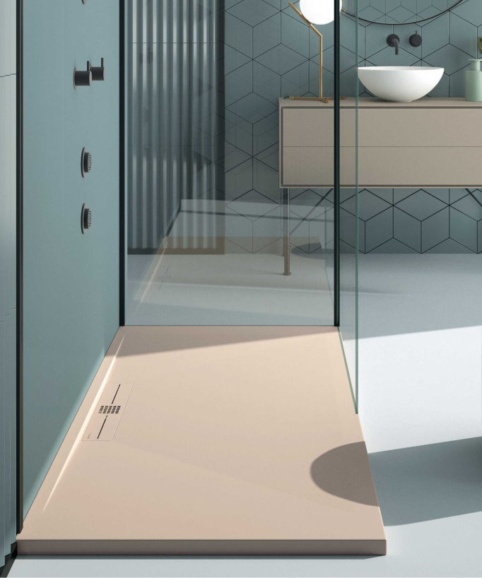 Duschwanne Creme, Glatt-Finish Stone SIDE, farblich passender Ablaufrost