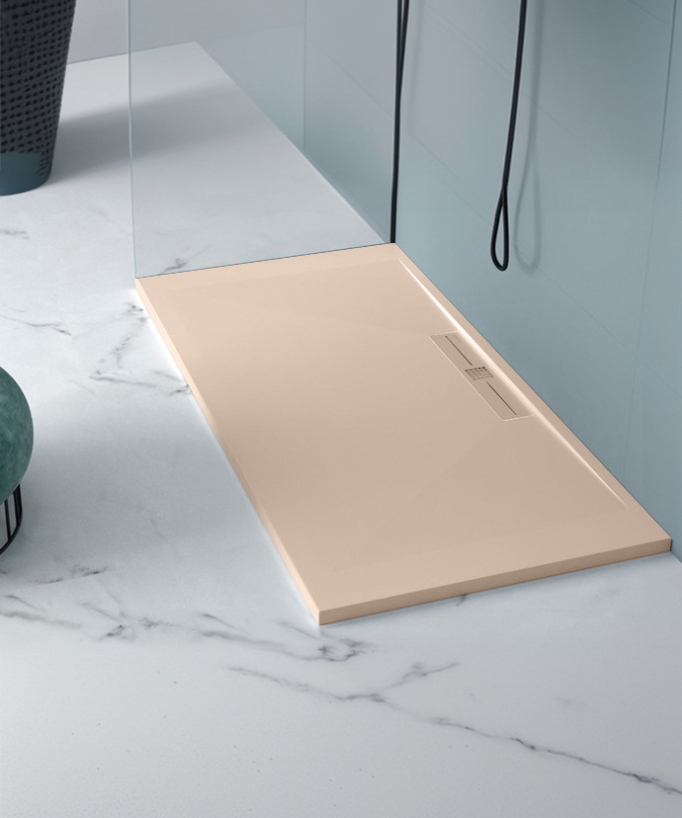 Duschwanne Creme, Glatt-Finish Stone SIDE, farblich passender Ablaufrost