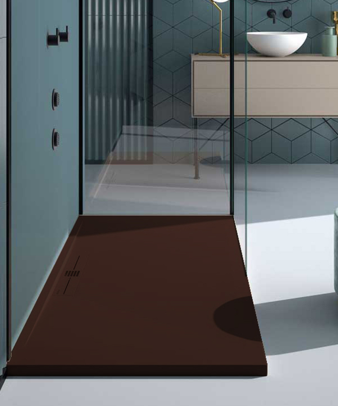 Duschwanne Schokolade, Glatt-Finish Stone SIDE, farblich passender Ablaufrost