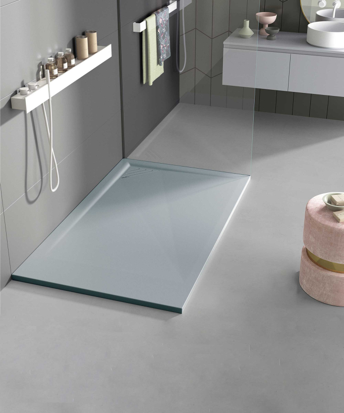 Duschwanne Grau, Glatt-Finish Stone MIO, farblich passender Ablaufrost