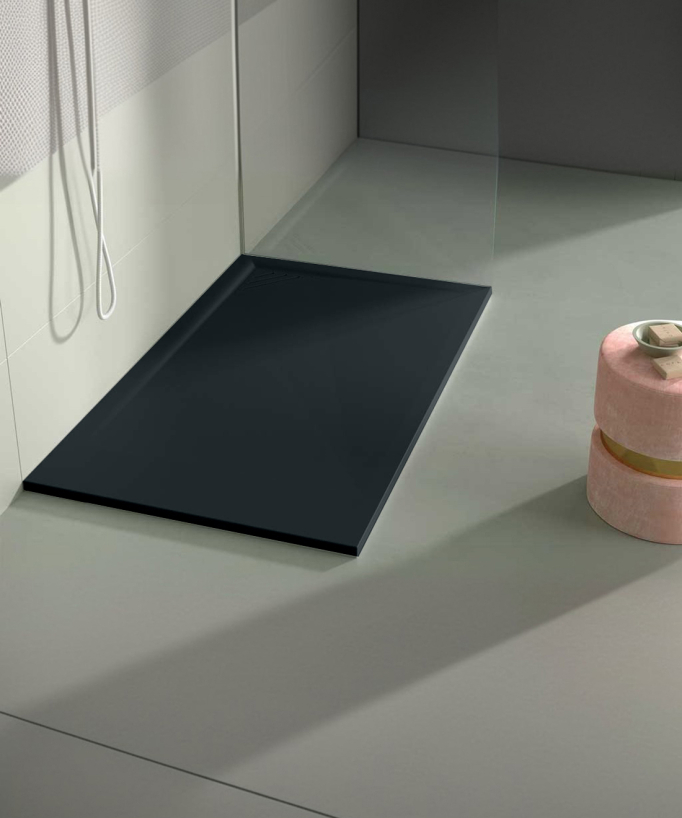 Duschwanne Schwarz, Glatt-Finish Stone MIO, farblich passender Ablaufrost
