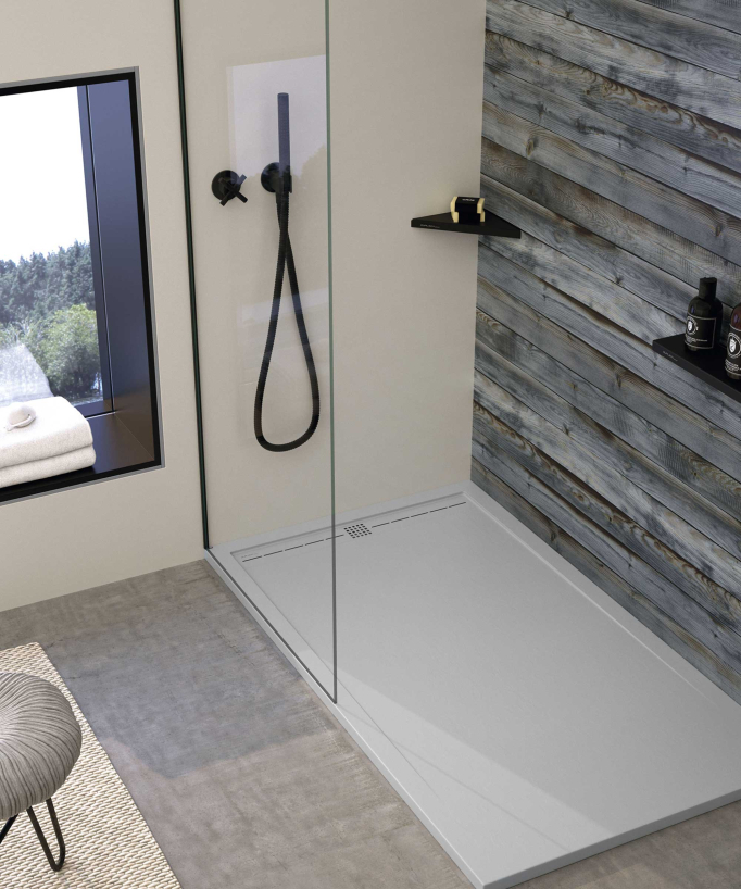 Duschwanne Grau 7035, Glatt-Finish Stone CACH, farblich passender Ablaufrost