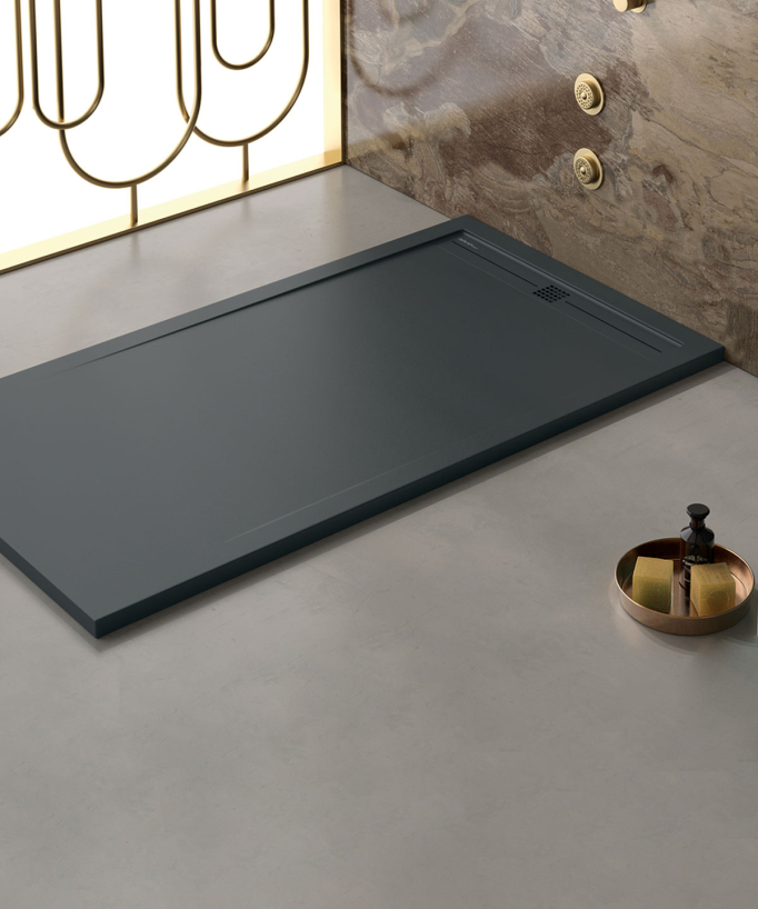 Duschwanne Schwarz, Glatt-Finish Stone CACH, farblich passender Ablaufrost
