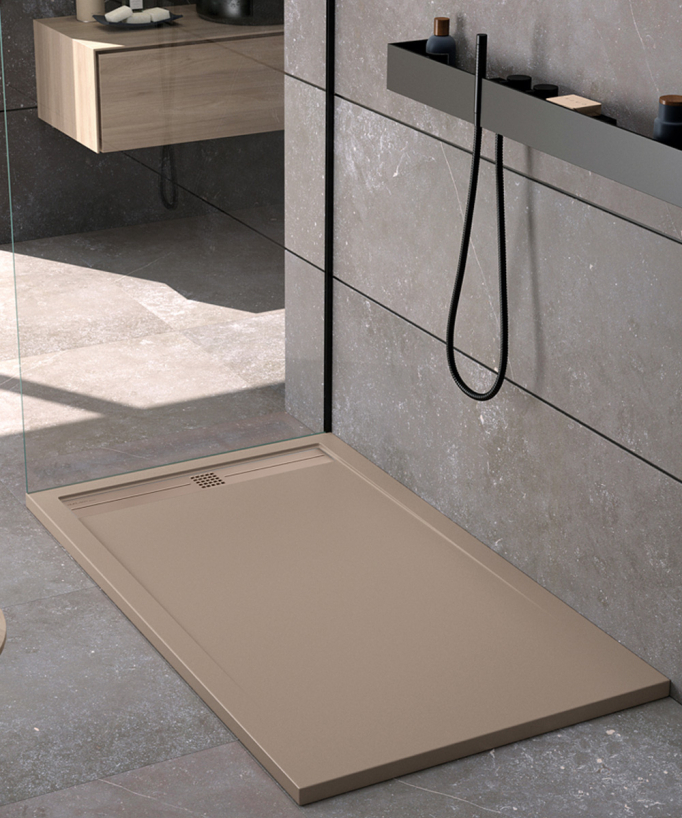 Duschwanne Mokka, Glatt-Finish Stone CACH, farblich passender Ablaufrost