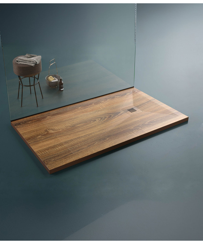 Duschwanne Walnuss-Optik, Glatt-Finish Stone 3D, farblich passender Ablaufrost