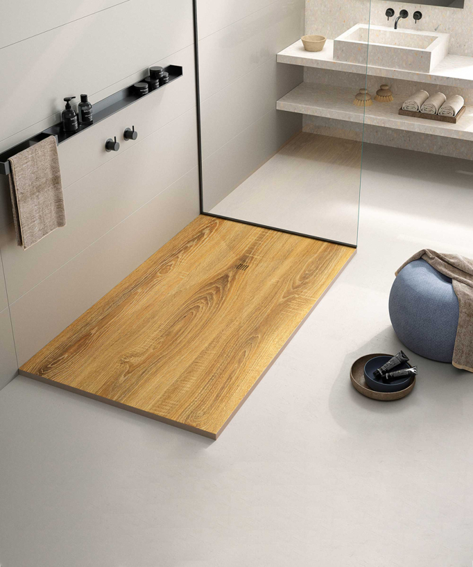 Duschwanne Eichen-Optik, Glatt-Finish Stone 3D, farblich passender Ablaufrost