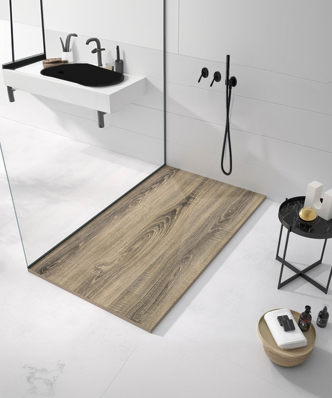 Duschwanne Esche-Optik, Glatt-Finish Stone 3D, farblich passender Ablaufrost
