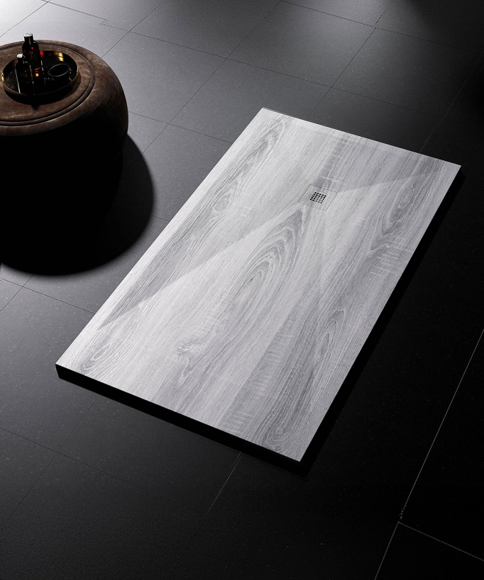 Duschwanne Vintage-Holzoptik, Glatt-Finish Stone 3D, farblich passender Ablaufrost