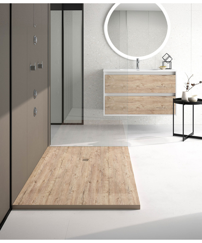 Duschwanne Nature-Holzoptik, Glatt-Finish Stone 3D, farblich passender Ablaufrost