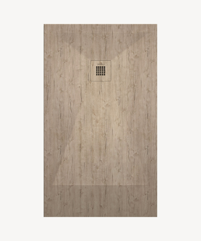 Duschwanne Nature-Holzoptik, Glatt-Finish Stone 3D, farblich passender Ablaufrost