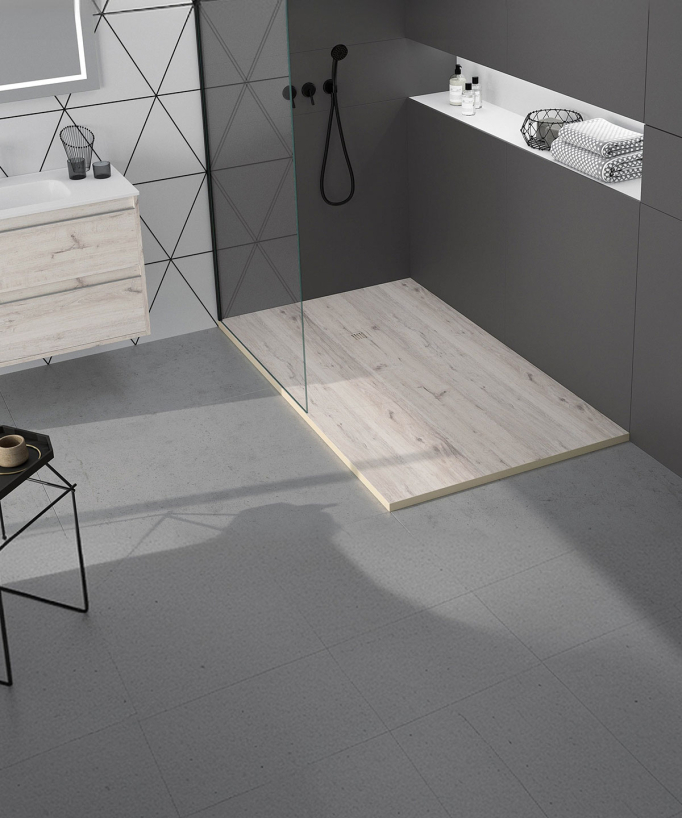 Duschwanne Altholz-Optik (Decape), Glatt-Finish Stone 3D, farblich passender Ablaufrost