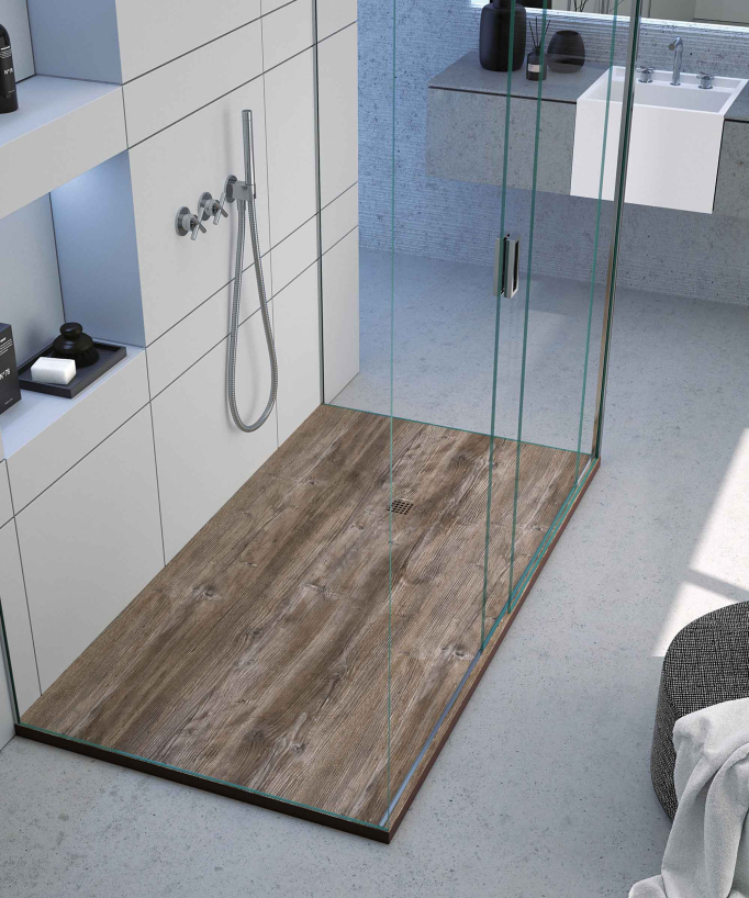 Duschwanne Baobab-Holzoptik, Glatt-Finish Stone 3D, farblich passender Ablaufrost