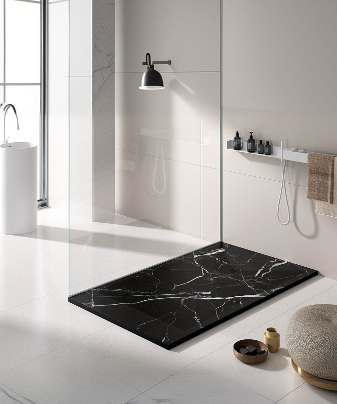 Duschwanne Schwarzer Marmor, Glatt-Finish Stone 3D, farblich passender Ablaufrost