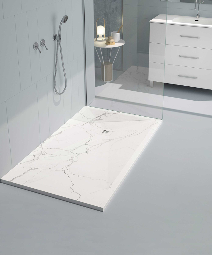 Duschwanne Weißer Marmor, Glatt-Finish Stone 3D, farblich passender Ablaufrost