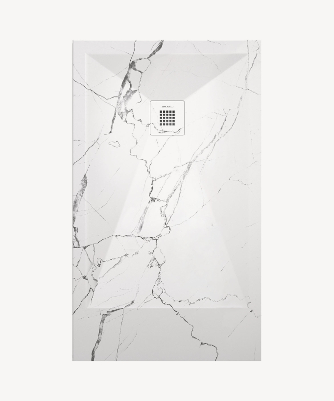 Duschwanne Weißer Marmor, Glatt-Finish Stone 3D, farblich passender Ablaufrost