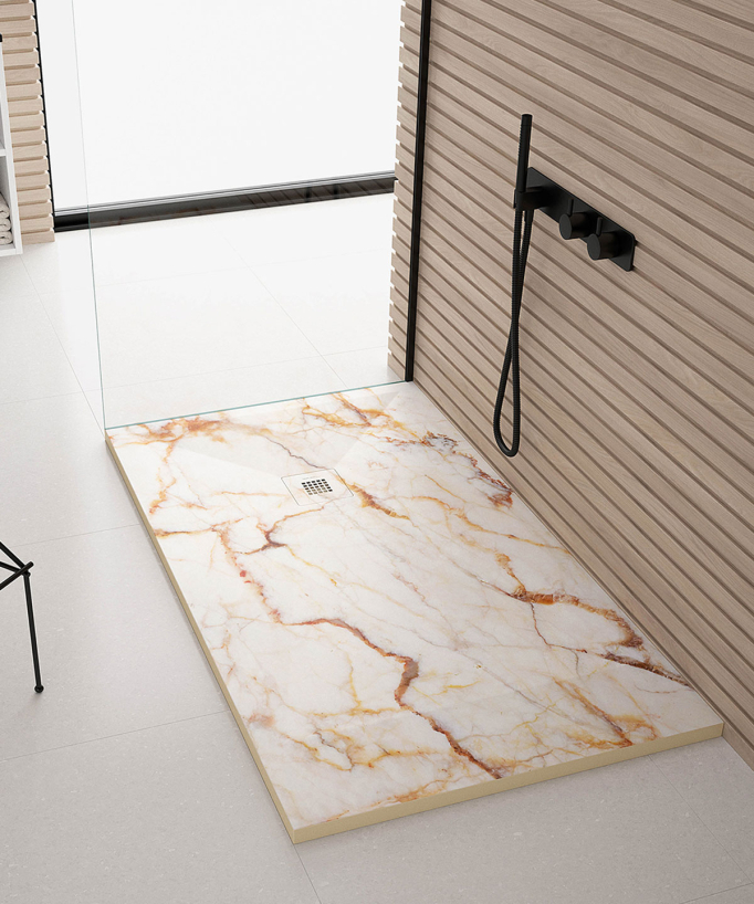 Duschwanne Creme-Marmor, Glatt-Finish Stone 3D, farblich passender Ablaufrost