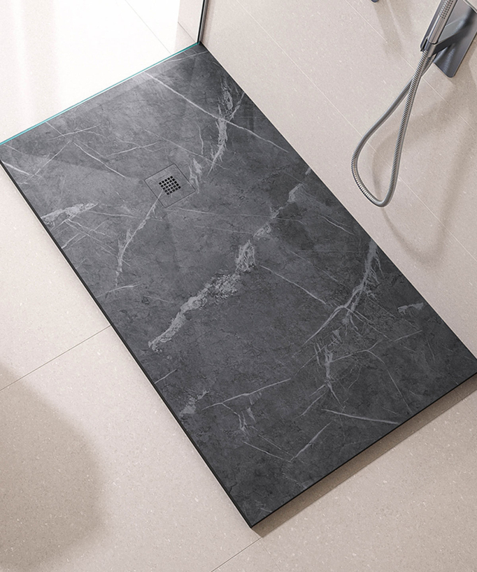 Duschwanne Marquina (Grau-Marmor), Glatt-Finish Stone 3D, farblich passender Ablaufrost