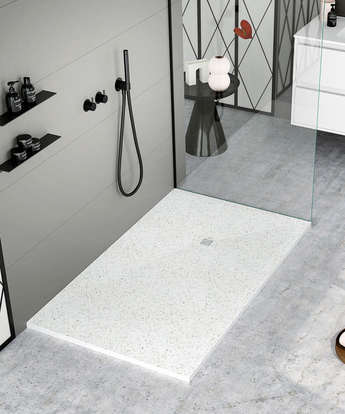 Duschwanne Granit-Optik Weiß, Glatt-Finish Stone 3D, farblich passender Ablaufrost