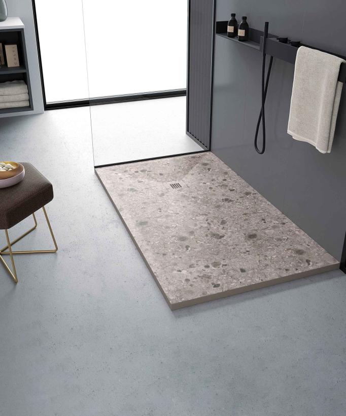 Duschwanne Terrazzo-Optik Beige, Glatt-Finish Stone 3D, farblich passender Ablaufrost