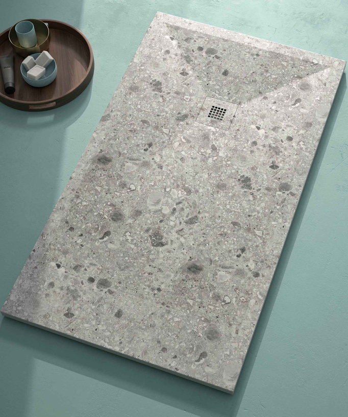 Duschwanne Terrazzo-Optik Grau, Glatt-Finish Stone 3D, farblich passender Ablaufrost