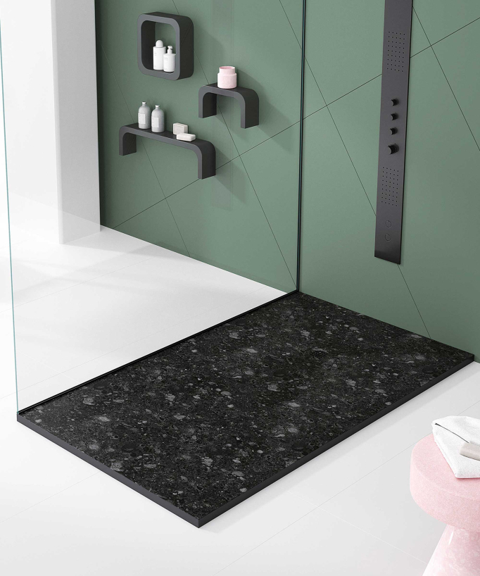 Duschwanne Terrazzo-Optik Schwarz, Glatt-Finish Stone 3D, farblich passender Ablaufrost