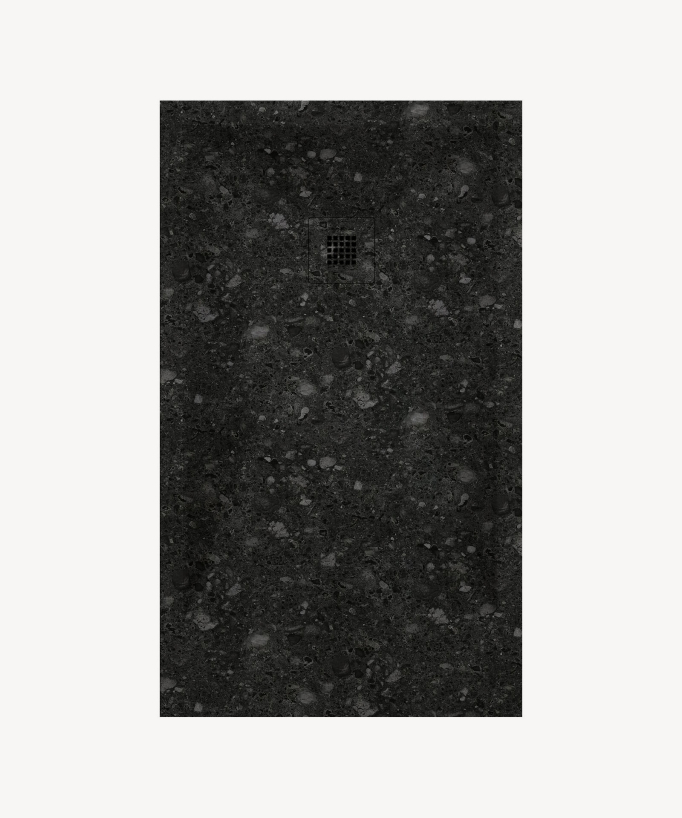 Duschwanne Terrazzo-Optik Schwarz, Glatt-Finish Stone 3D, farblich passender Ablaufrost