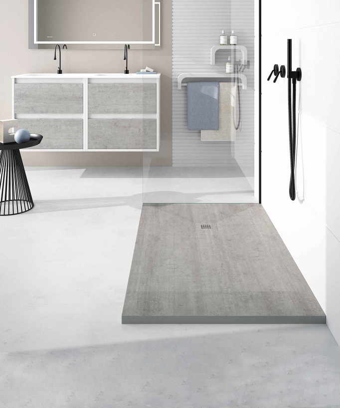 Duschwanne Beton-Optik (I.ciment), Glatt-Finish Stone 3D, farblich passender Ablaufrost